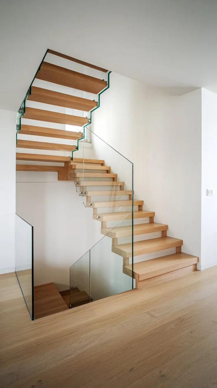 This small home embodies Scandinavian minimalism with its airy ambiance and a striking wooden staircase, creating an inspiring oasis of elegance and tranquility.