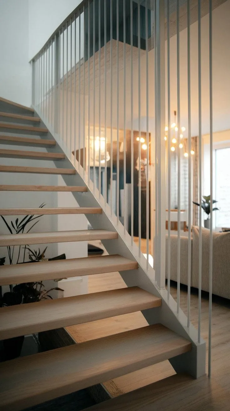 The staircase embodies minimalist Scandinavian elegance, seamlessly blending textured wood and sleek metal for a serene ascent into understated luxury.