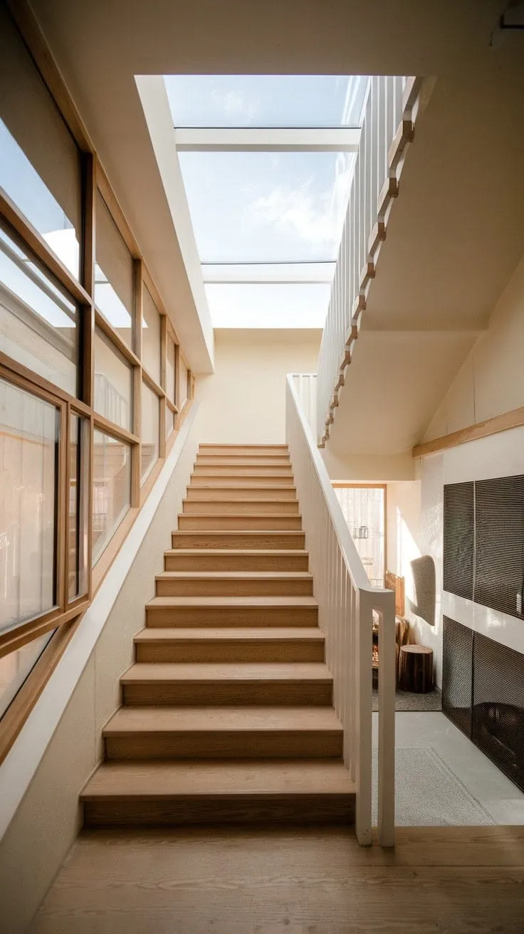 Sunlight dances through the skylight, highlighting the serene elegance of a minimalist Scandinavian staircase that embodies airy spaciousness and thoughtful design.