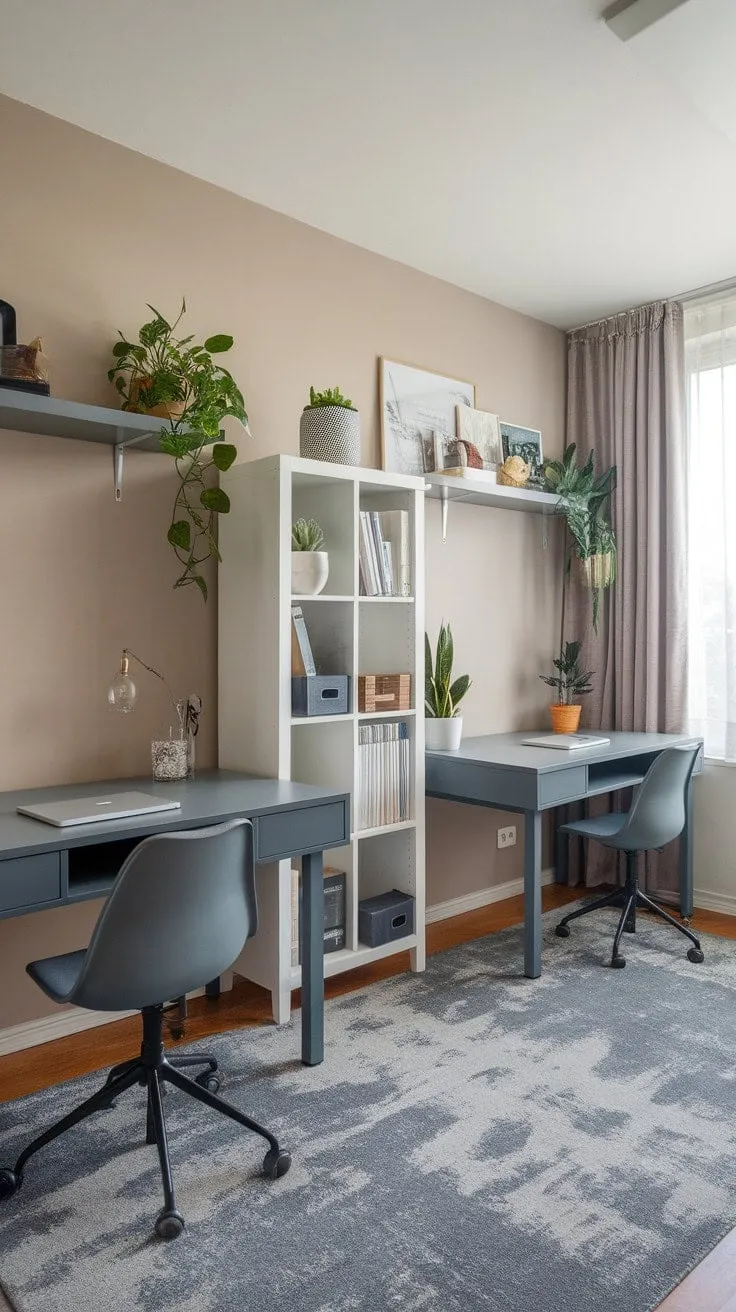 In a serene oasis of beige and greenery, two grey desks bask in natural light, creating a stylish sanctuary for productivity and creativity.
