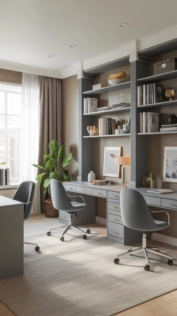 This serene modern study, awash in natural light and adorned with grey furniture and beige walls, blends sophistication with a personal touch, making it an ideal sanctuary for productivity and reflection.