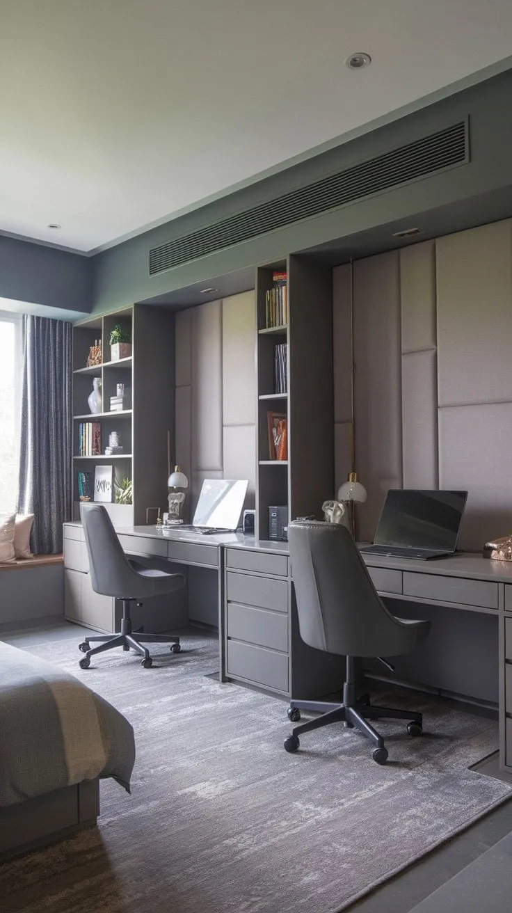 This dual-desk study, bathed in natural light and adorned with a built-in bookshelf, elegantly merges modern design with functionality, making it the perfect workspace for both concentration and collaboration.