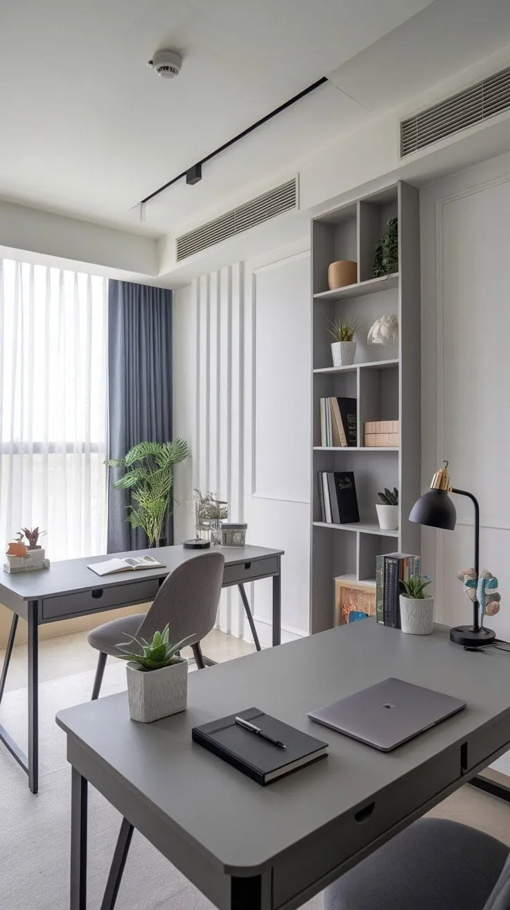 This modern study, bathed in natural light and adorned in a serene grey palette, seamlessly blends personal workspaces with tranquil corners for reflection, embodying the essence of mindful design.