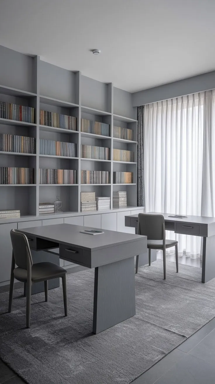 This serene grey study, bathed in natural light, is a harmonious haven that fosters both productivity and creativity.