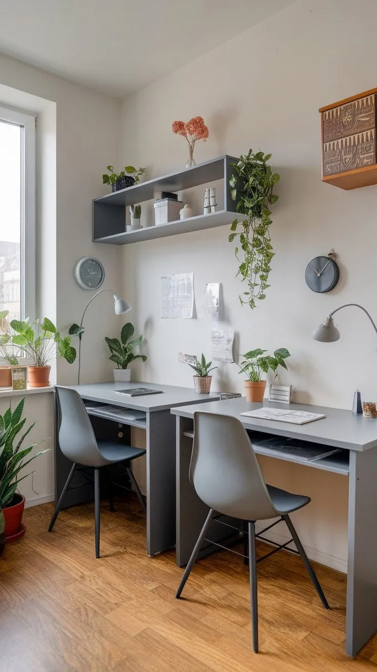This thoughtfully designed study blends serene productivity with aesthetic charm, featuring twin grey desks bathed in natural light and adorned with carefully selected plants and decor.