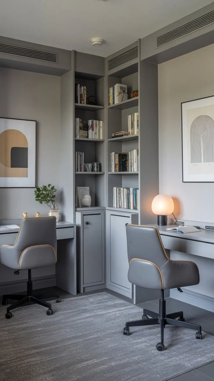 This modern study harmoniously combines style and functionality, featuring a soothing grey palette accented with vibrant greens and warm lighting, making it an ideal haven for both collaborative learning and focused solitude.