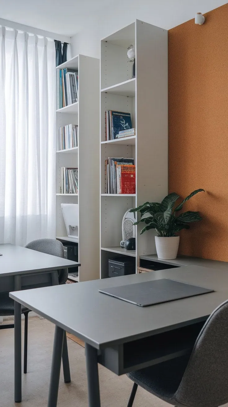 A serene minimalist sanctuary, bathed in calming grey tones and natural light, fosters focused productivity and creative inspiration through its harmonious blend of functionality and aesthetic charm.