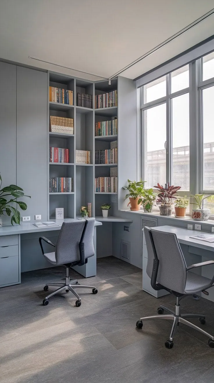 In this serene grey study, natural light and minimalist design foster a tranquil atmosphere that inspires creativity and deep focus amidst a curated collection of knowledge.