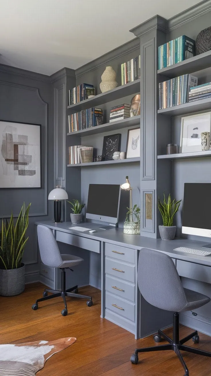 This serene study, adorned with calming greys and lush greenery, features dual personal workspaces and a curated collection of books and art, creating an inspiring haven for productivity.