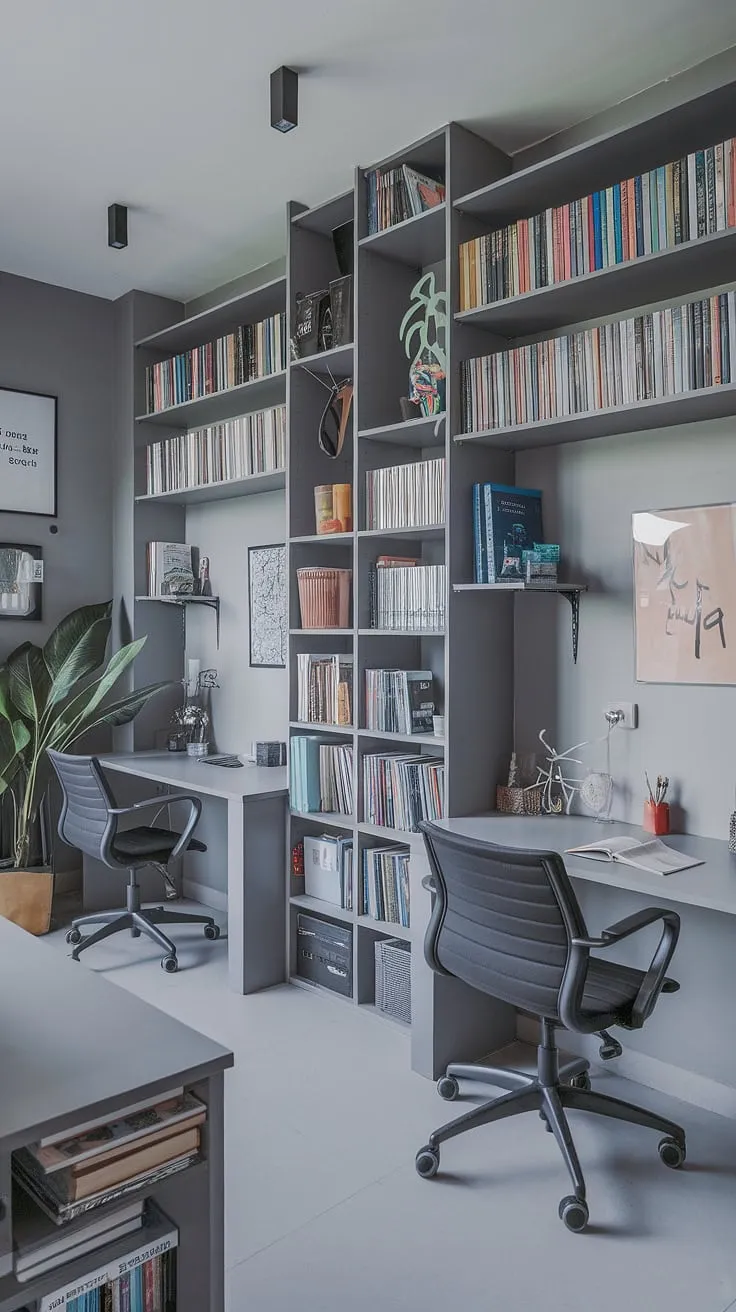 This sophisticated grey study is the epitome of modern minimalist design. Two desks offer ample space for focused work, while the surrounding bookshelves and carefully curated décor create a calming and productive atmosphere. A sanctuary for students and scholars alike, this room fosters A sense of calm and focused energy.