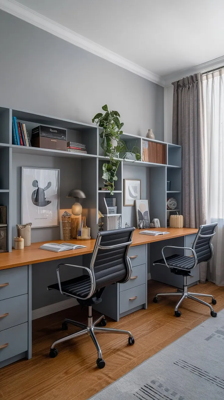 This modern study is a sanctuary of calm and productivity. The neutral color palette, punctuated by the rich tones of the wooden desks and the vibrant green of a potted plant, creates a space that inspires focus and concentration. With ample room for two, it's the ideal setting for collaborative study or individual deep work.
