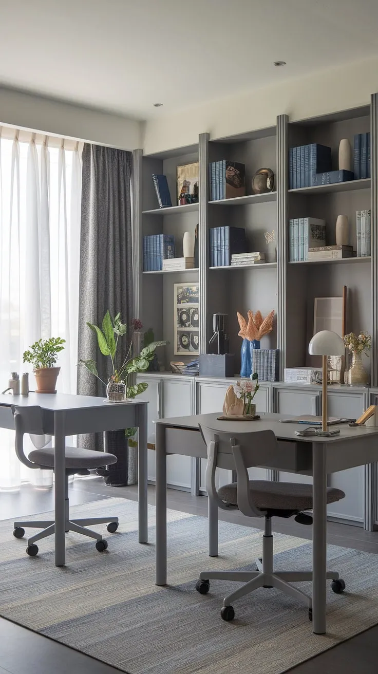 Find your focus in this serene grey study, where minimalist design meets maximum productivity. The ample workspace, complete with a well-stocked bookshelf and natural light streaming through the window, provides the perfect environment for deep work and quiet contemplation. A touch of greenery and personal items add warmth to the space, creating a haven for learning and creative pursuits.