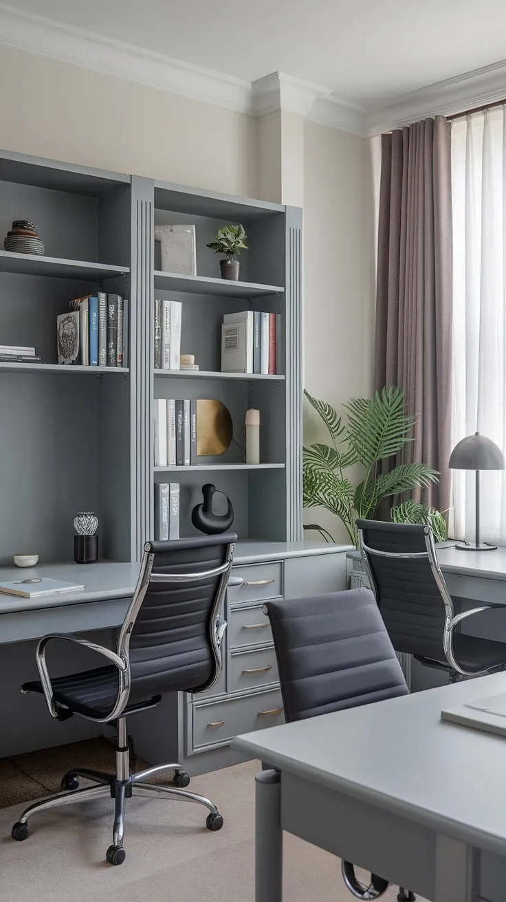 Find your focus in this serene grey study, where minimalist design meets maximum productivity. The soft light, comfortable seating, and organized space create the perfect environment for deep work and quiet contemplation. A haven for learning, a sanctuary for thought.