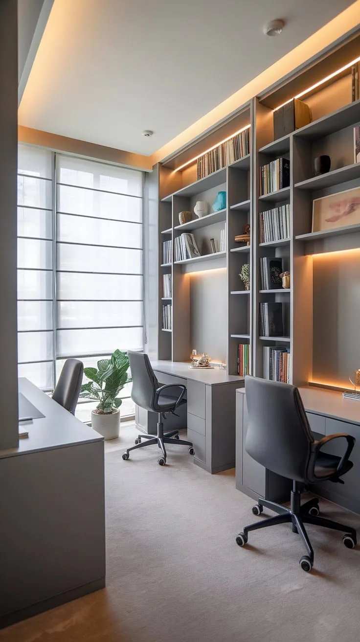 Find your focus in this serene study, where grey tones and soft lighting create the perfect atmosphere for deep work. The thoughtfully arranged desks, tall bookshelf brimming with knowledge, and quiet plant offer a sanctuary for learning and contemplation. A space designed for productivity and peace.
