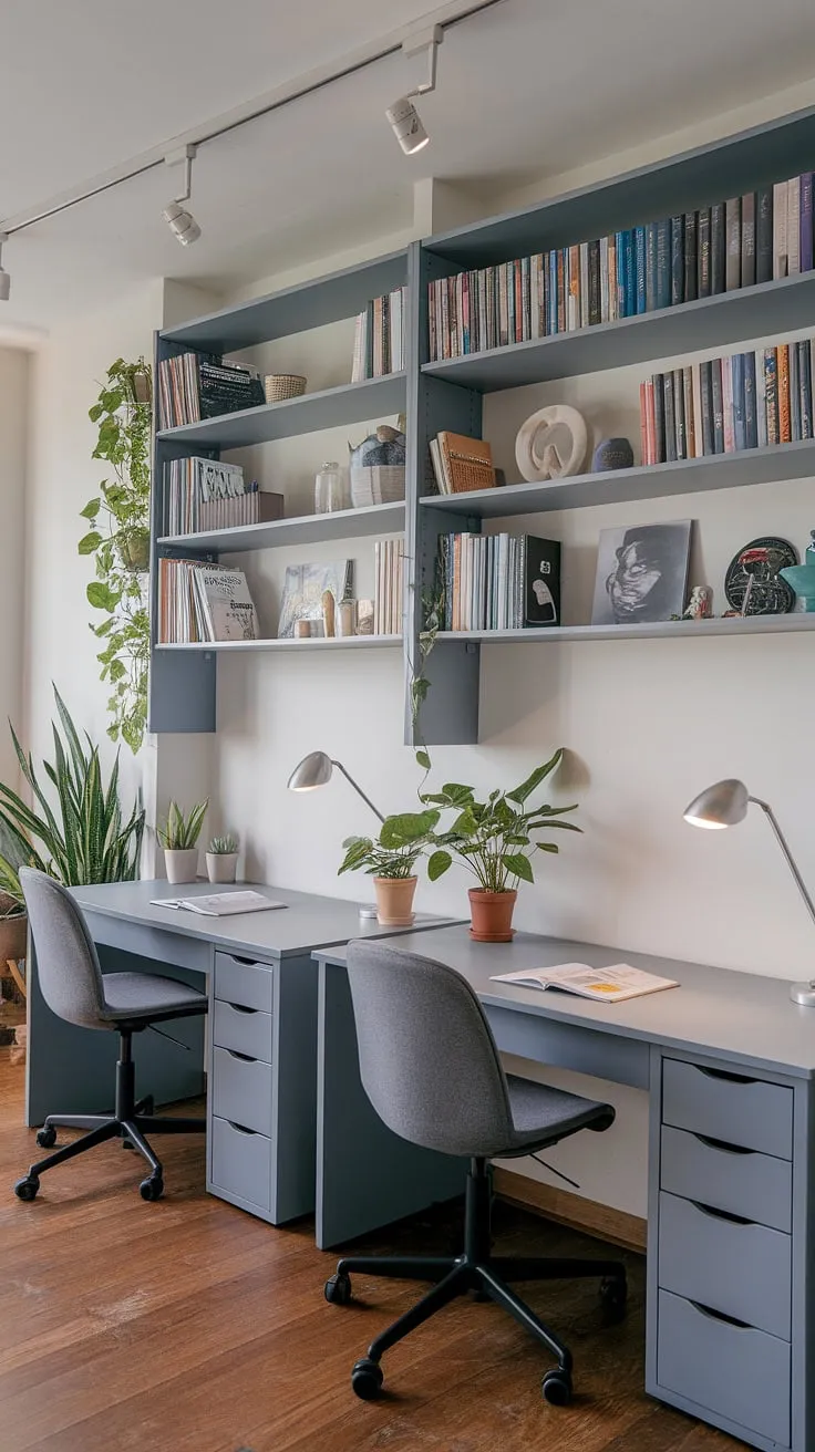 Find your focus in this bright and airy study. Two sleek grey desks offer ample workspace, complemented by comfortable chairs and a well-stocked bookshelf. The natural light and greenery create a productive and inspiring atmosphere, ideal for deep work or quiet contemplation.
