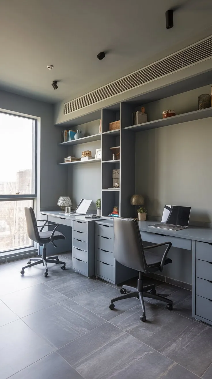 Grey tones create a calming atmosphere in this modern study, ideal for deep work and creative thinking. The large window floods the space with natural light, while the dual desks offer flexibility for collaborative projects or individual focus, making it a highly functional home office.