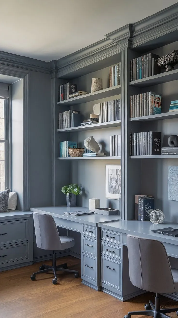 Find your focus in this serene grey study, where minimalist design meets maximum productivity. The natural light streaming through the window illuminates the thoughtfully arranged bookshelves and spacious workspaces, creating the perfect atmosphere for deep concentration. A sanctuary for the mind, this room is a testament to the power of calm and considered design.