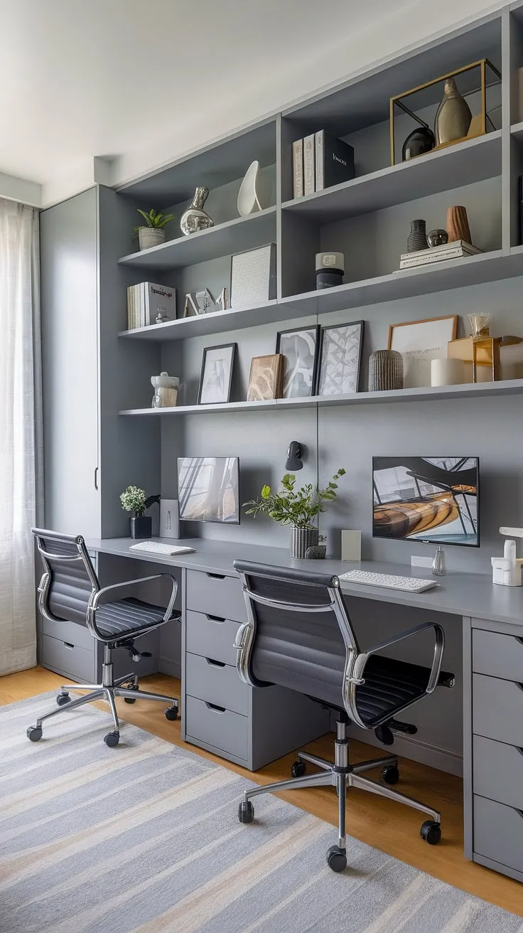 A sophisticated guest room office solution: this grey study boasts two modern desks, effortlessly combining work and rest in a clean, organized space. The stylish design makes working from home a pleasure.