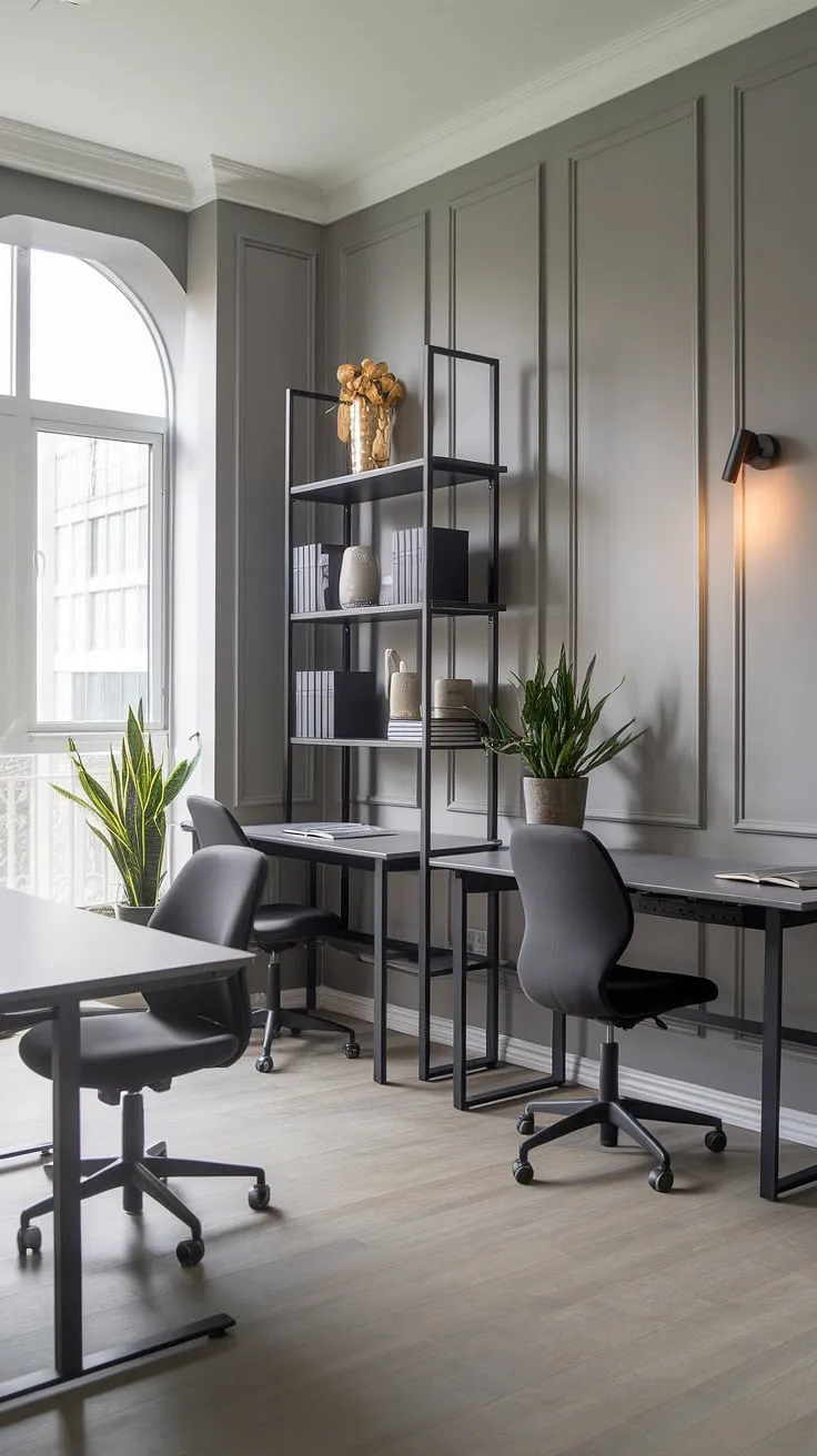 Find your focus in this serene grey study, bathed in natural light streaming through the large window. The minimalist design, complete with a tall bookshelf brimming with knowledge and a touch of greenery, creates the perfect atmosphere for deep work and quiet contemplation. A haven for productivity and inspiration.
