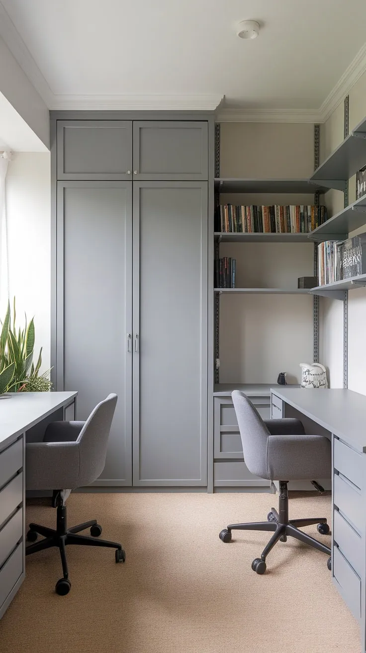 Find your focus in this serene grey study, where minimalist design meets maximum productivity. The calming atmosphere, enhanced by natural light and a touch of greenery, creates the perfect environment for deep work and quiet contemplation. A space designed for both individual and collaborative study.