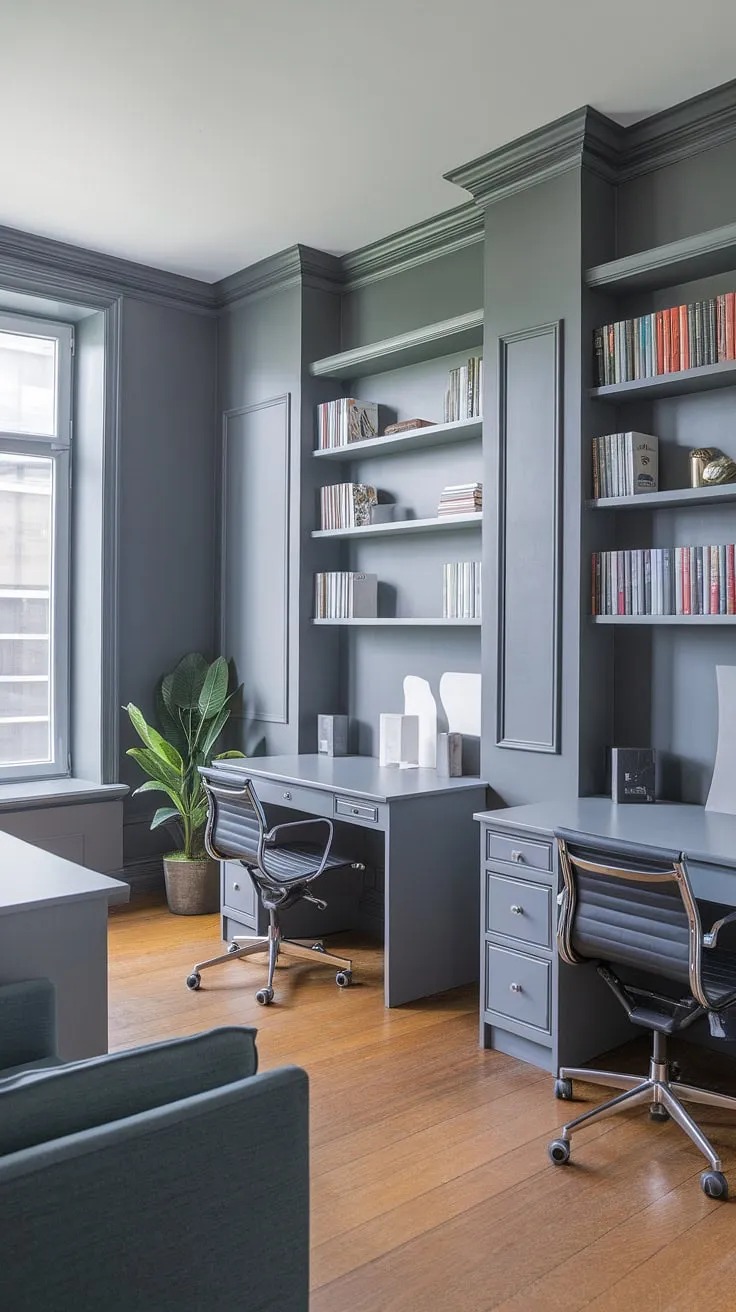 This modern study is a testament to efficient design. The grey palette, complemented by natural wood flooring and a pop of green, fosters a calm and productive environment. Two dedicated workspaces, ample storage, and a cozy seating area ensure comfort and functionality are seamlessly integrated, creating the ideal space for focused study and creative pursuits.
