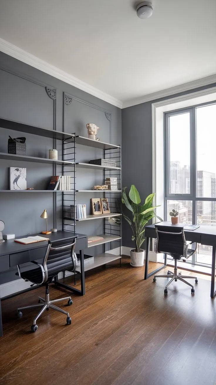 This modern study, with its grey walls and ample natural light, offers a tranquil workspace. Two desks provide ample room for individual study or collaborative projects, while the bookshelf and potted plant add a touch of personality. A sanctuary for focused learning and creative pursuits.