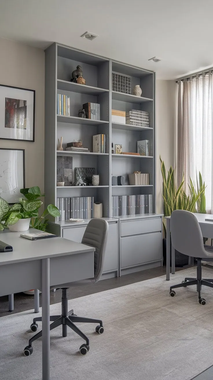 This sophisticated study space, bathed in natural light, offers ample room for collaborative learning or individual study. The grey palette, accented by carefully curated artwork and books, fosters a sense of calm and inspires focused concentration. A sanctuary for the mind.