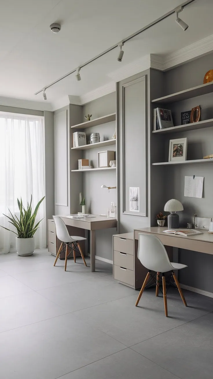 This modern study, bathed in natural light, offers the perfect blend of functionality and style. Two spacious desks provide ample room for individual work, while the clean lines and neutral palette create a serene environment conducive to concentration and creativity. A simple yet elegant space designed for ultimate productivity.