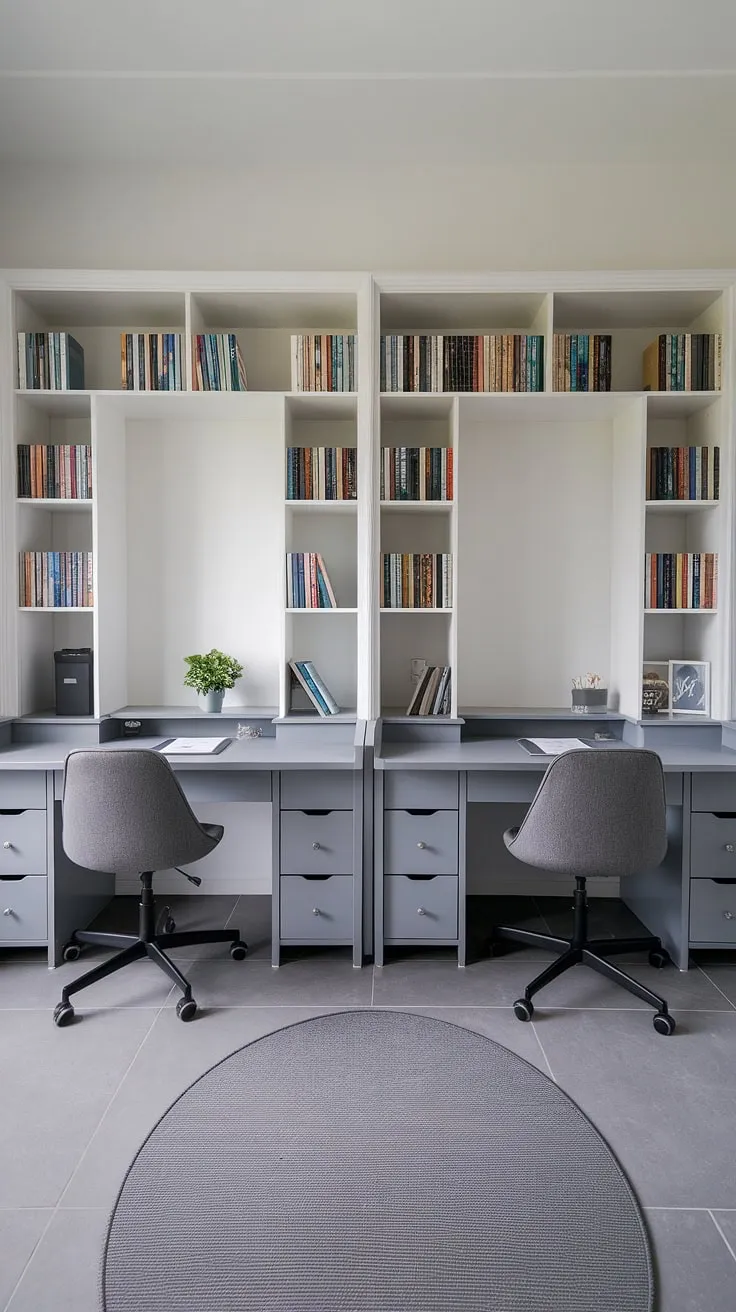 A minimalist study, bathed in natural light, offers a serene space for focused work. The grey tones create a calming atmosphere, complemented by the pops of green from the potted plant, enhancing productivity and inspiring creativity.