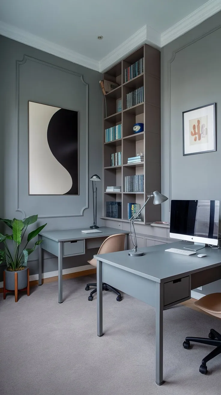 Find your focus in this serene grey study, where minimalist design meets maximum productivity. The ample workspace, bathed in natural light from the window, provides the perfect environment for deep work and creative inspiration. A calming atmosphere, perfect for achieving your goals.