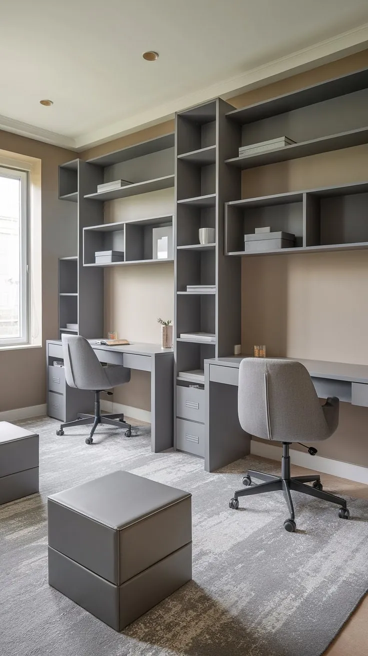 A calming sanctuary of grey tones creates the perfect atmosphere for focused study. The natural light enhances the minimalist design, making this space both functional and aesthetically pleasing. A haven for concentration and creativity.