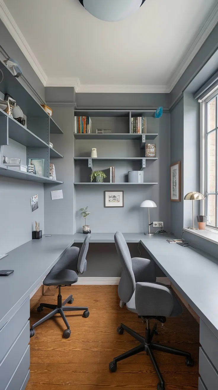 Find your focus in this serene grey study, where minimalist design meets maximum productivity. The ambient light and spacious layout create the perfect atmosphere for deep work and quiet contemplation. A haven for focused learning and creative pursuits.