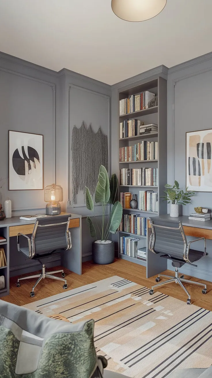 Find your focus in this serene study, where natural light and thoughtful design create the perfect atmosphere for deep work. The calming grey walls, warm wood floors, and abundant bookshelves provide a sanctuary for learning and creativity. A perfect blend of functionality and aesthetic appeal.