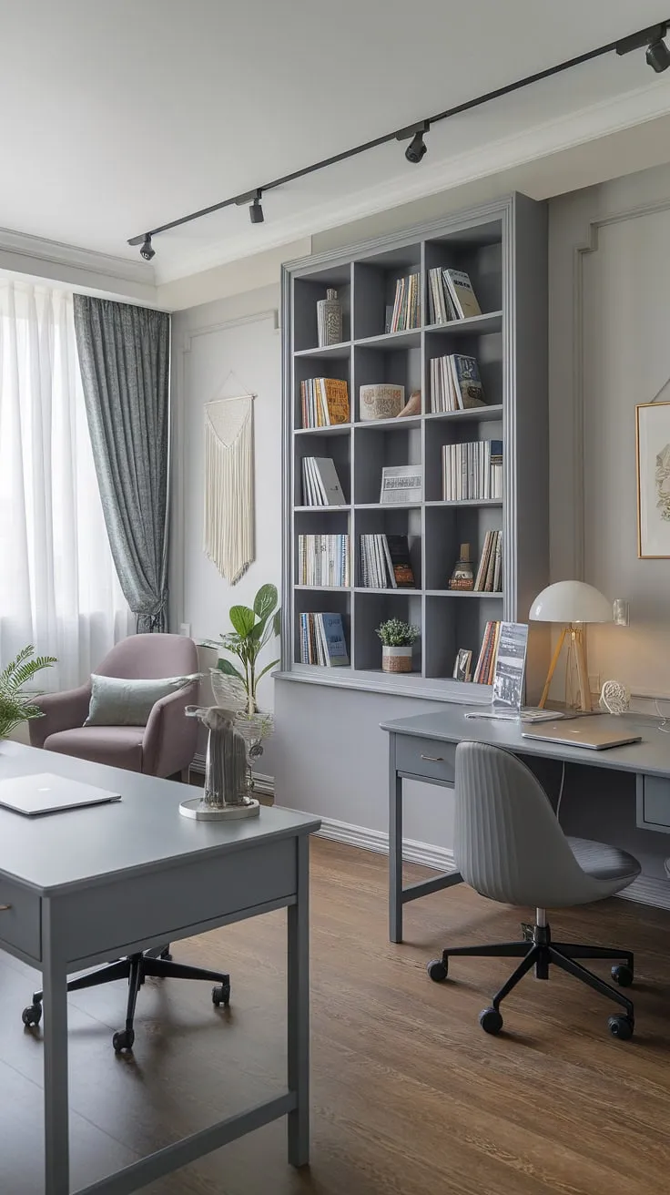 This modern study is a haven of calm and productivity. The sophisticated grey palette, paired with the functional yet stylish furniture, creates an environment conducive to a focused work and creative thinking. Natural light and carefully chosen accents complete this inspiring workspace.