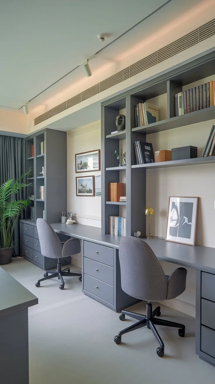 This calming study space, featuring sleek grey desks and chairs, is a haven for productivity. The thoughtfully designed shelving a, filled with carefully curated books and objects, adds a touch of personality to the minimalist aesthetic, creating an environment ideal for learning and reflection.
