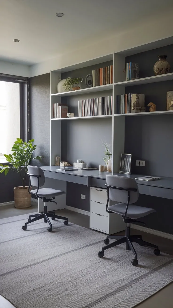 Find your focus in this serene study, where the soft grey palette and natural light create the perfect atmosphere for individual or collaborative work. The minimalist design, complete with ample workspace and a touch of greenery, ensures a productive and inspiring environment.