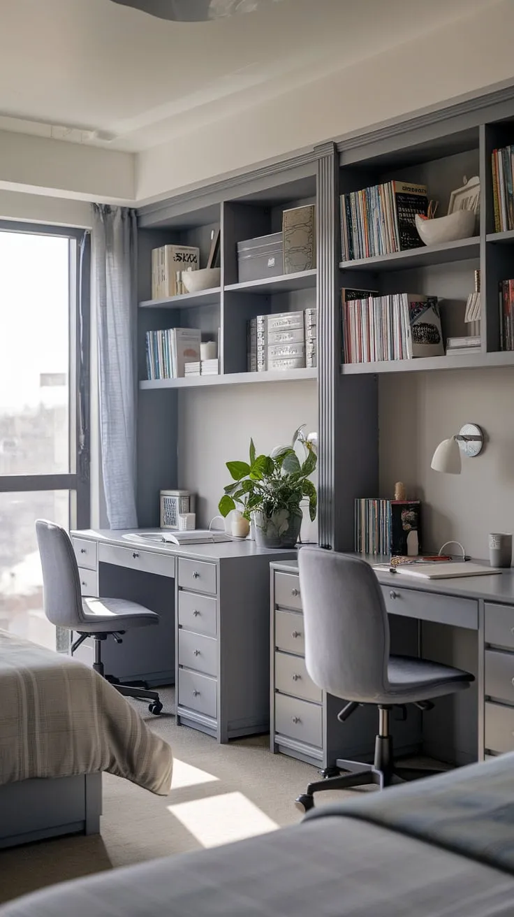 This tranquil study blends bedroom comfort with workspace efficiency. The grey palette and natural light create a peaceful atmosphere, ideal for deep work or relaxed reading. With plenty of storage and a dedicated workspace for two, it's the ultimate sanctuary for focused study and creative pursuits.