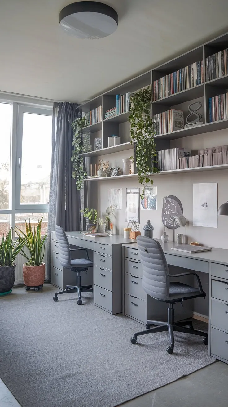 Find your focus in this serene study, where natural light illuminates the grey tones and inspires quiet concentration. The thoughtfully arranged space, complete with ample storage and a touch of greenery, creates the perfect environment for deep work and creative flow.