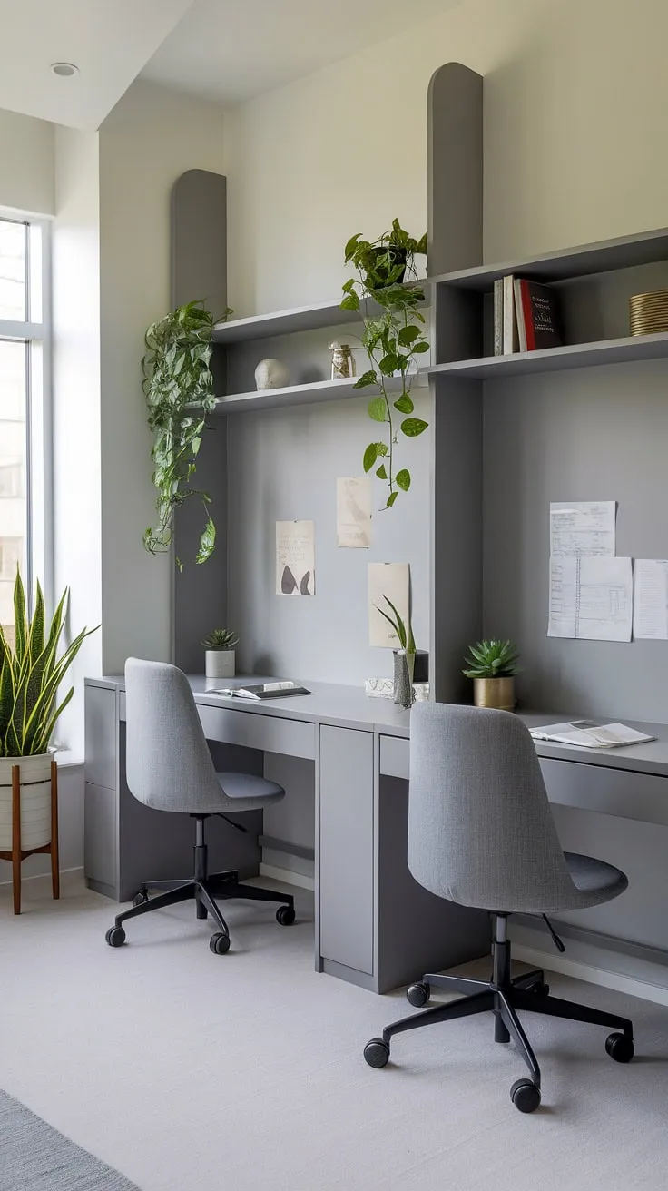 Escape to this tranquil guest room, a haven of calm designed for both relaxation and productivity. Two sleek grey desks, bathed in natural light, offer individual workspaces, while the minimalist design and subtle greenery create a peaceful atmosphere ideal for focused work or quiet reflection. A perfect blend of style and functionality.