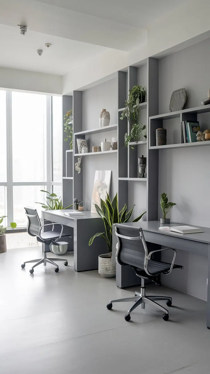 This sophisticated grey study offers a tranquil retreat for learning and productivity. Two dedicated workspaces, complemented by abundant natural light and thoughtful touches of greenery, create an inspiring and efficient environment. A haven for focused study and creative exploration.