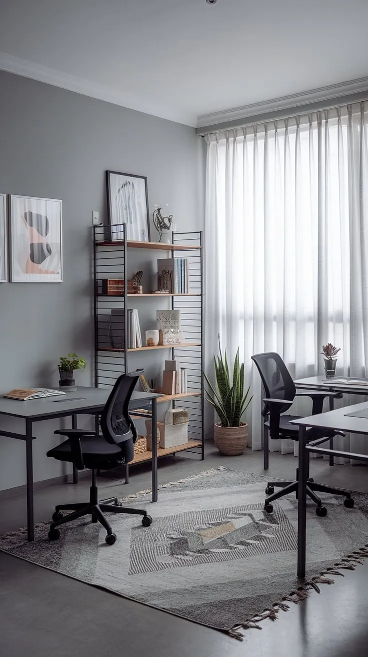 Find your focus in this serene grey study, bathed in natural light from the large window. The thoughtfully arranged desks, comfortable chairs, and inspiring bookshelf create the perfect atmosphere for deep work and quiet contemplation. A touch of greenery adds a calming element to this sophisticated space.