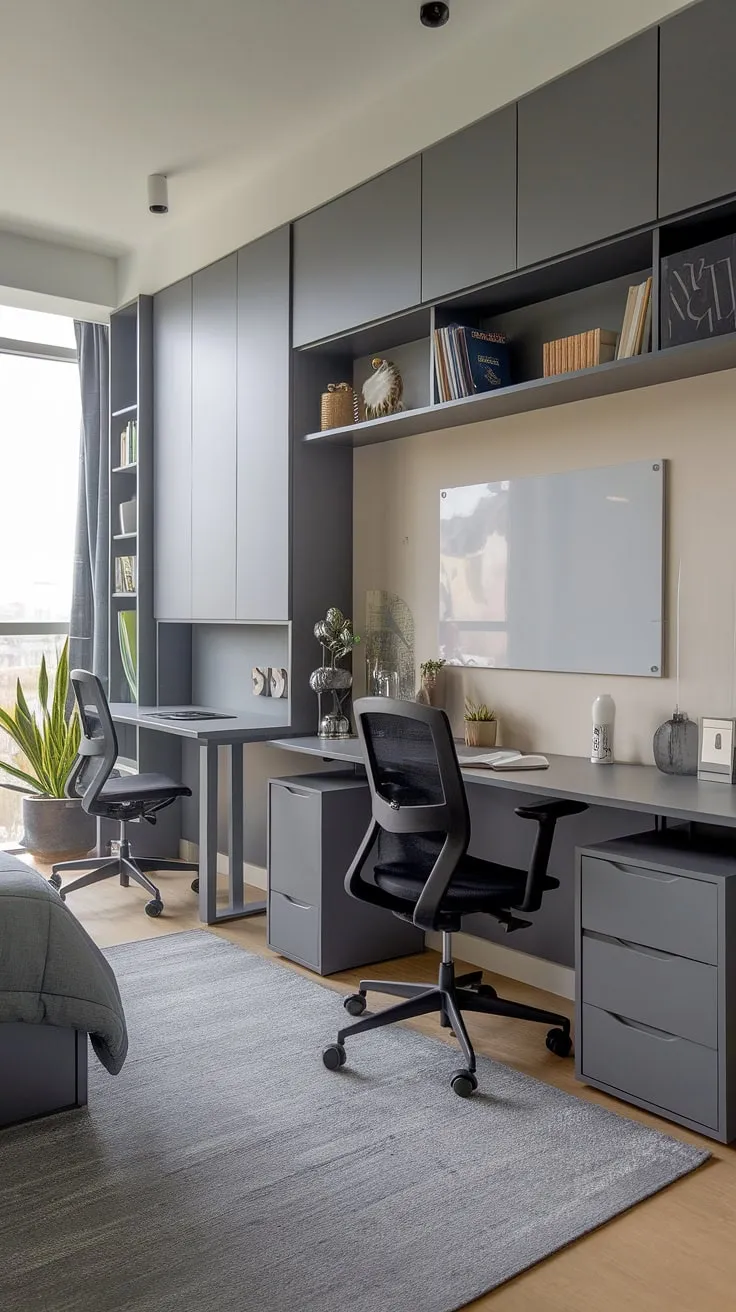Find your focus in this serene study space. The grey palette and ample natural light create the perfect atmosphere for concentration, whether you're tackling a project at the window desk or nestled in the cozy bedroom study area. A minimalist aesthetic, combined with smart storage solutions, ensures everything is within easy reach.