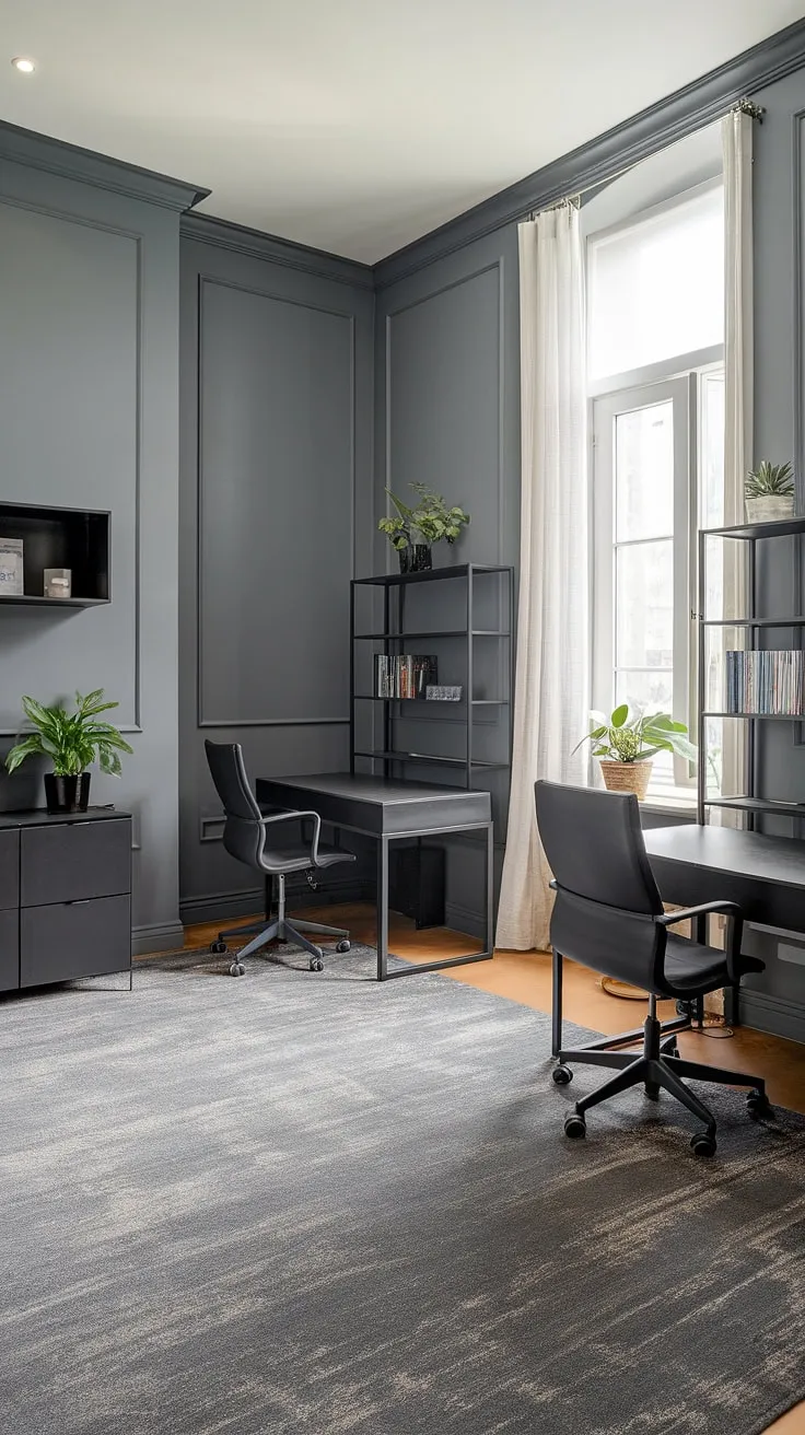 This serene study, bathed in natural light from the large window, offers a perfect blend of functionality and minimalist style. The grey walls and coordinating rug create a calming atmosphere, while the black bookshelves and cabinet add a touch of sophistication. Two desks provide ample workspace, ideal for focused study or collaborative projects. A few strategically placed plants add a touch of life to this thoughtfully designed space.