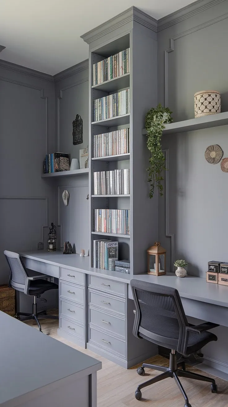 Find your focus in this serene study, where minimalist grey tones create a calming atmosphere perfect for deep work. The built-in shelving provides ample space for all your academic materials, while the carefully curated décor adds a touch of personality. A quiet sanctuary for learning and reflection.