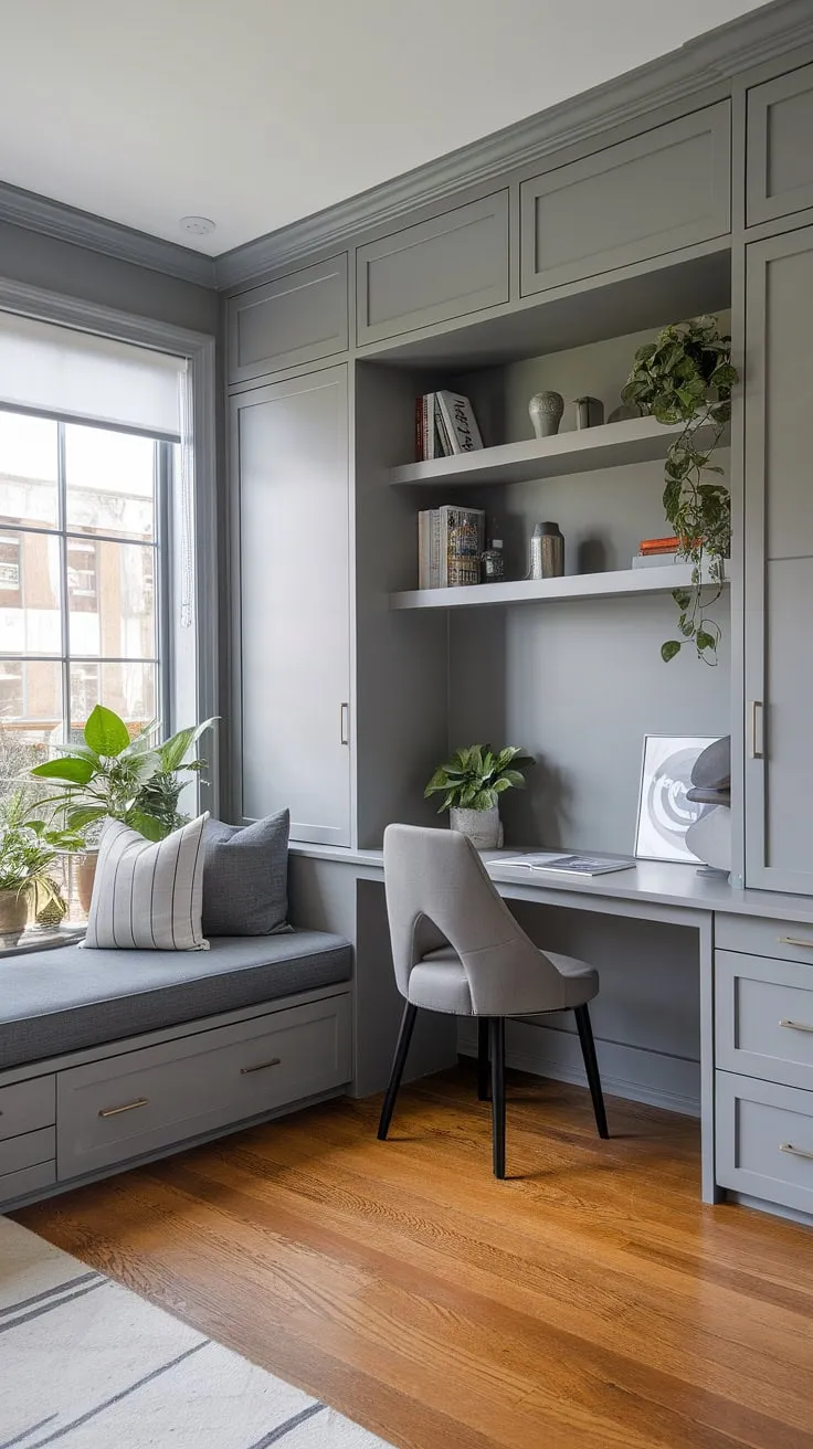 This sophisticated grey study is more than just a workspace; it's a personal retreat. The built-in desk, ample shelving, and comfortable seating provide both functionality and style. A perfect blend of modern design and tranquil ambiance, this room offers a productive and inspiring environment for all your endeavors. A place to escape, A space to create, A reflection of your success.
