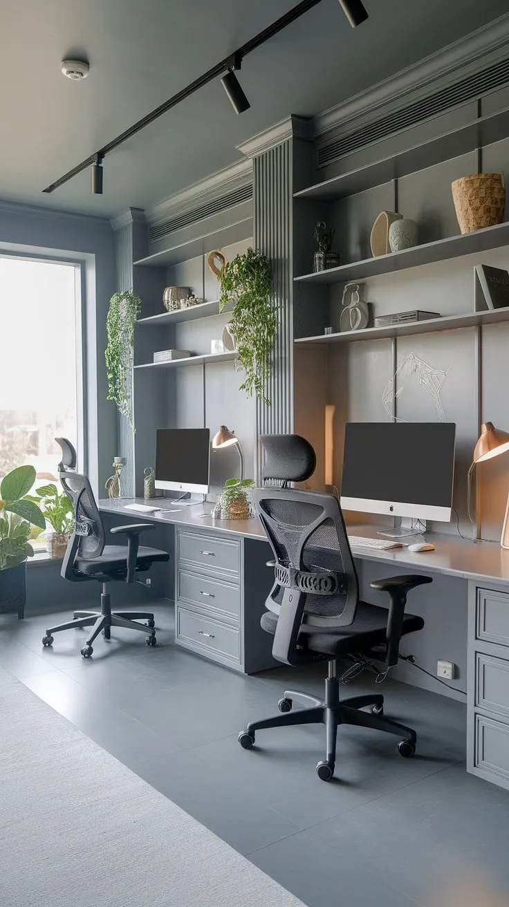Grey elegance meets functional design in this inspiring study. Two workstations, complete with all the necessary tools, provide ample space for collaborative learning or individual concentration. The natural light and calming ambiance foster a productive environment, ideal for tackling any a project.