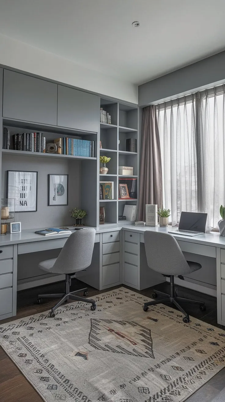 A sophisticated blend of functionality and style, this grey study boasts two workspaces, perfect for focused productivity or collaborative projects. When not in use as a home office, it transforms into a welcoming guest room, offering a tranquil escape for visitors. The thoughtful design incorporates both practicality and aesthetic appeal.