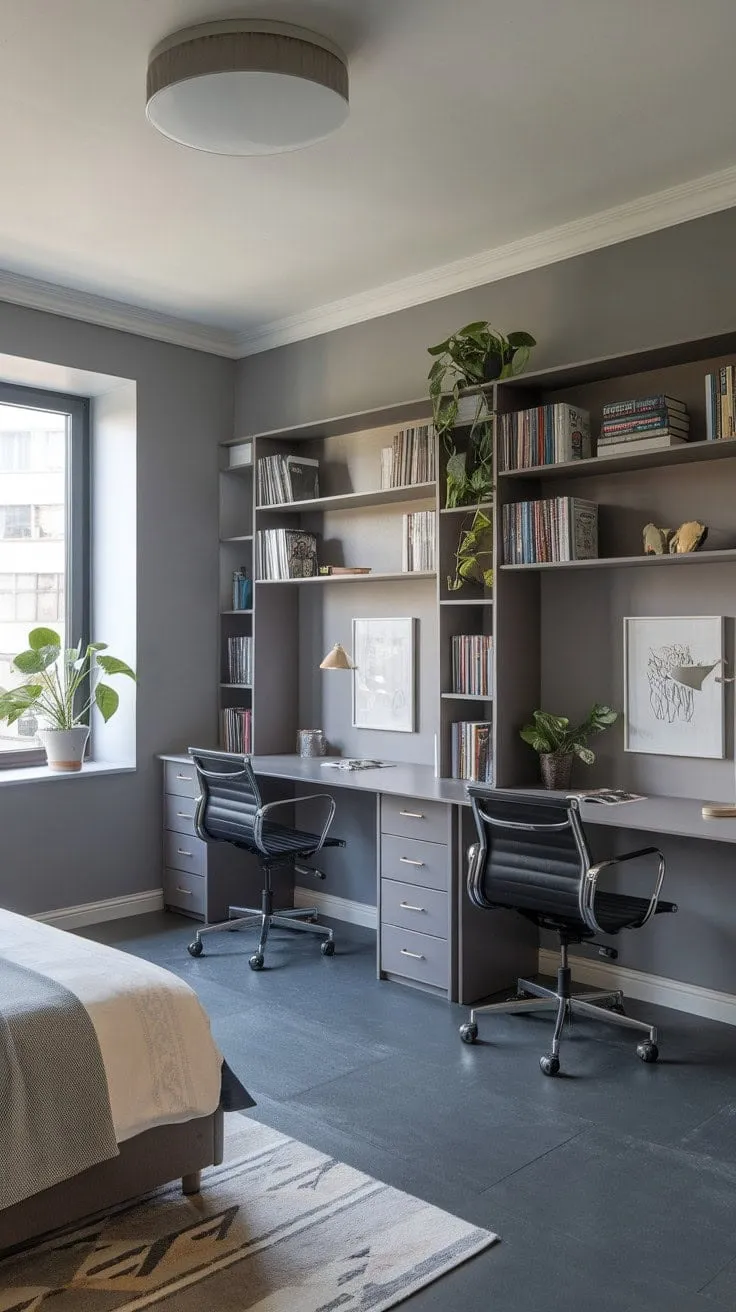 This modern study-guest room seamlessly combines productivity with relaxation, featuring dual desks and a cozy bed in a stylish grey palette enhanced by natural light and a vibrant plant.