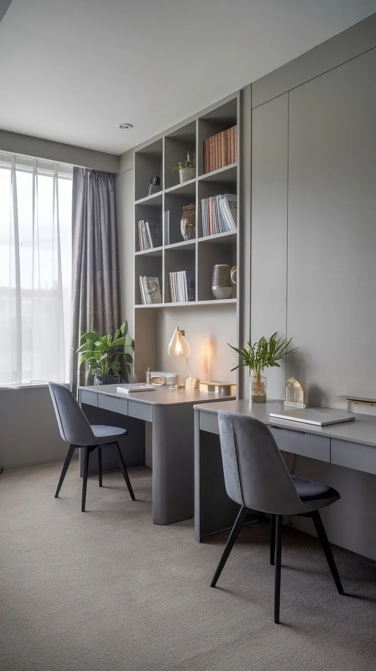 This serene grey study harmoniously combines style and functionality, featuring twin desks illuminated by natural light and adorned with personality-rich plants, creating an ideal space for productivity and creativity.