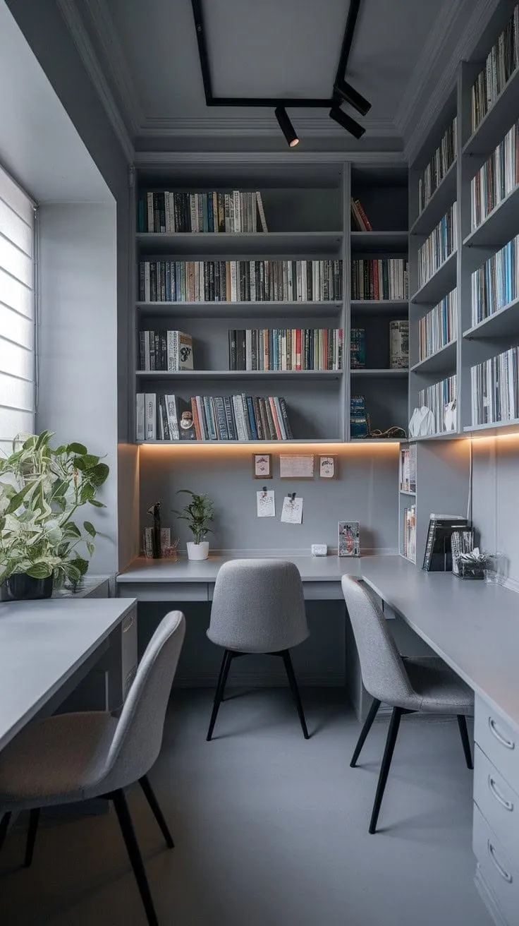 In a serene grey haven, the soft glow and rustling pages transform reading into a sanctuary where ideas blossom and the soul finds its workspace.